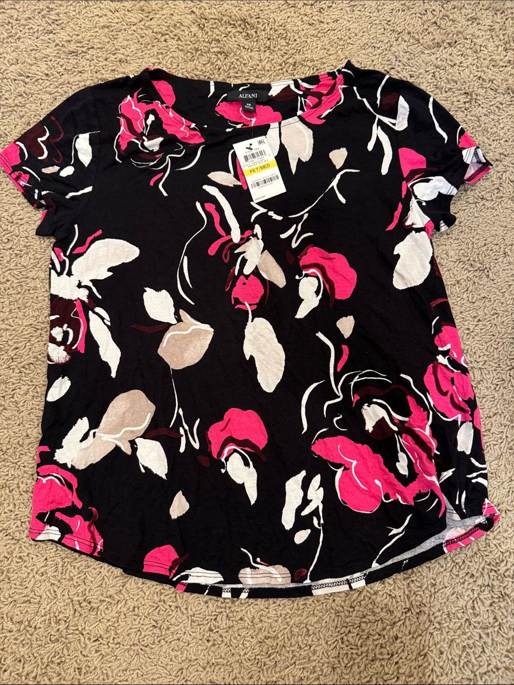 Alfani Black Short Sleeve Top with Pink and Cream Floral Print